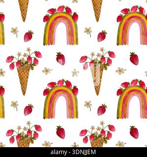 Un delizioso motivo di acquerello senza cuciture caratterizzato da un arcobaleno di fragole e un cono di waffle di fragole su uno sfondo bianco pulito. Foto Stock