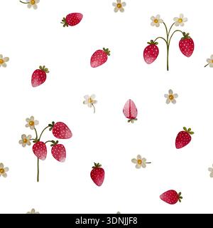 Un vivace motivo ad acquerello senza cuciture con fragole e i loro fiori in fiore su uno sfondo bianco pulito. Foto Stock