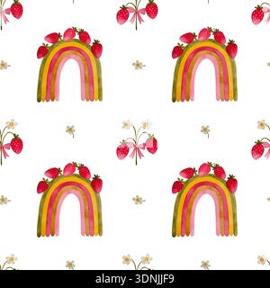 Un delizioso motivo di acquerello senza cuciture caratterizzato da fragole vibranti e i loro fiori, completato da un arcobaleno di fragole stravagante Foto Stock