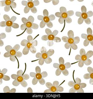 Un nuovo motivo ad acquerello senza cuciture caratterizzato da fiori bianchi con vivaci centri gialli su uno sfondo bianco pulito. Foto Stock
