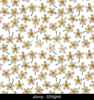 Un nuovo motivo ad acquerello senza cuciture caratterizzato da fiori bianchi con vivaci centri gialli su uno sfondo bianco pulito. Foto Stock