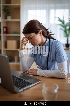 Un medico stanco si siede a una scrivania con un portatile, guardando stressata e tenendo la fronte. E' giorno e la sala ha luce naturale. Foto Stock
