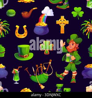 Caratteri del giorno di San Patrizio motivo senza cuciture per festività irlandesi, sfondo vettoriale. Il giorno di San Patrizio è caratterizzato da un divertente personaggio di leprechaun con tankard e cornamuse verdi, arcobaleno e vaso di monete d'oro Illustrazione Vettoriale