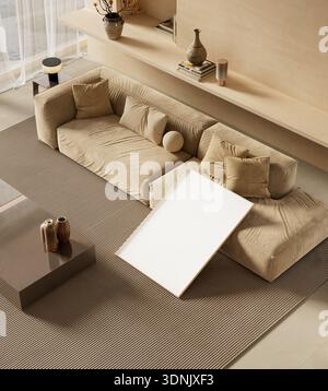 Ambienti interni luminosi con una cornice per poster di mockup vuota per la presentazione artistica in un appartamento moderno caratterizzato da colori neutri, ombre tenui e contemporaneità Foto Stock