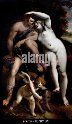 Venere e Adone - Venere e Adone di Luca Cambiaso 1527-1585 Italia. Italiano. Francia, Louvre, Parigi. Un giorno Venere sognò che Adone ebbe un incidente mentre cacciava. Si precipitò a cercare di impedirgli di andare a caccia, ma Adonis la ignorò. Pensava che Venere fosse pazzo a credere in questi sogni. Purtroppo, il sogno di Venere si avverò: Durante la caccia, un maiale selvatico con zanne grandi uccise Adoni ) Foto Stock