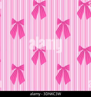 Fantasia retrò a righe con fiocco rosa senza cuciture. Sfondo Coquette Valentine e nastro nuziale per confezione regalo, cancelleria, packaging e femminilità Illustrazione Vettoriale