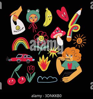 Coloratissimo e pazzesco con personaggi divertenti oggetti simboli vettoriali giocosi Illustrazione Vettoriale