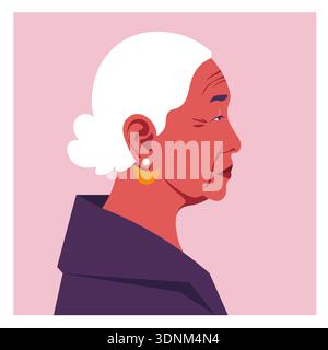 Anziana donna asiatica di profilo con capelli bianchi su sfondo rosa tenue, illustrazione minimalista vettoriale piatta. Illustrazione Vettoriale