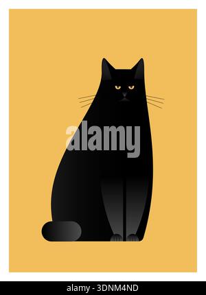 Gatto nero su sfondo giallo caldo, design piatto geometrico minimalista per poster, Halloween e arredamento. Illustrazione Vettoriale