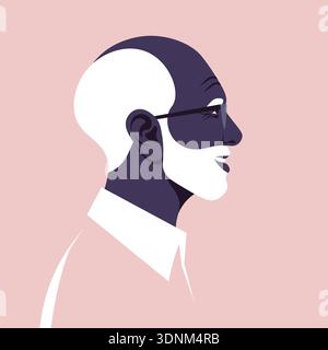 Felice uomo africano anziano di profilo, sorridente nonno vista laterale, immagine piatta vettoriale. Illustrazione Vettoriale