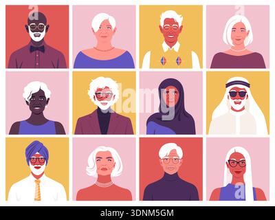 Set di volti anziani sorridenti, razze e nazioni diverse, concetto di società e popolazione, illustrazione piatta vettoriale. Illustrazione Vettoriale