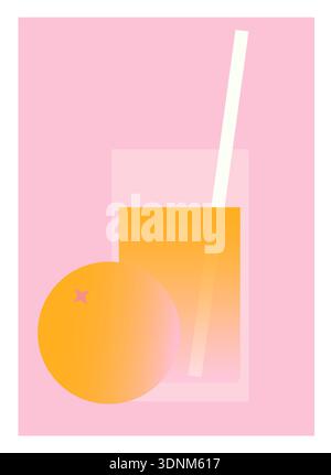 Bicchiere per succo d'arancia con cannuccia e arancia intera su sfondo rosa, brillante design vettoriale estivo con agrumi dal design minimalista. Illustrazione Vettoriale