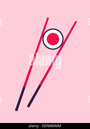 Sushi con bacchette su sfondo rosa, simbolo della cucina giapponese, vettore moderno per menu e progetti culturali. Illustrazione Vettoriale