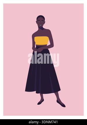 Splendida illustrazione vettoriale di una donna africana a figura intera, di moda e stile di vita con colori brillanti. Illustrazione Vettoriale