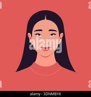 Sognante donna asiatica ritratto, studente avatar con volto sereno in stile espressivo vettoriale piatto. Illustrazione Vettoriale
