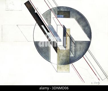 Questa opera astratta costruttivista, intitolata "costruzione", progettata da Gustav Klucis negli anni '1920, presenta una composizione dinamica di forme geometriche. Un grande cerchio centrale fissa vari piani, cubi e linee intersecanti, suggerendo profondità e movimento attraverso il suo uso netto di ombre e accenti rossi. Il pezzo esemplifica le tendenze artistiche rivoluzionarie dell'avanguardia sovietica. Foto Stock