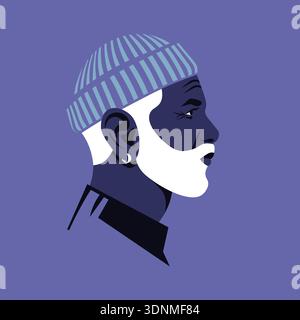 Uomo africano anziano con ritratto del profilo del cappello, avatar del nonno con vista laterale in stile grafico vettoriale piatto. Illustrazione Vettoriale