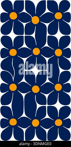Motivo retrò Groovy senza cuciture con fiori a margherita blu navy e centro arancione sfondo floreale moderno stile anni '70 per il design di carta da parati e tessuti Foto Stock