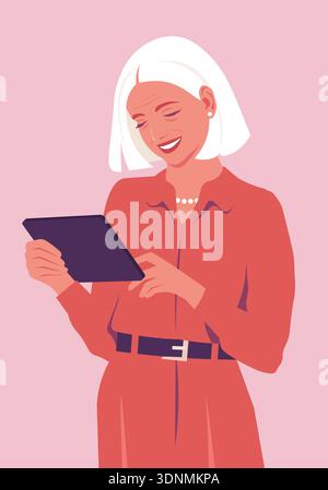 Donna anziana felice con giorno di pianificazione tablet, insegnante che utilizza l'app educativa, avatar sorridente in stile vettoriale piatto. Illustrazione Vettoriale