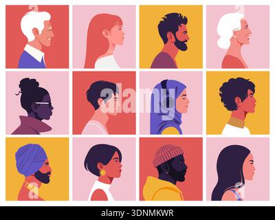 Diversi set di volti delle persone in profilo, diverse razze ed età, avatar multiculturali in stile vettoriale piatto. Illustrazione Vettoriale