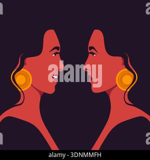 Donna ispanica di profilo con disturbo bipolare, ritratto che mostra depressione e buon umore, due facce femminili vista laterale in stile vettoriale piatto. Illustrazione Vettoriale