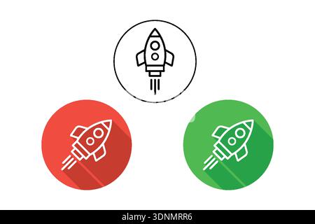 Icona Rocket impostata in distintivi circolari contorno bianco su sfondo rosso, verde e nero Illustrazione Vettoriale
