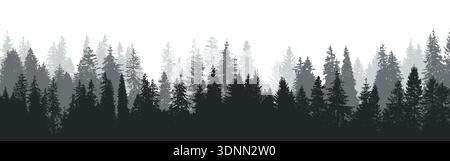 Paesaggio boschivo, sagoma di abeti, sfondo di pini Illustrazione Vettoriale