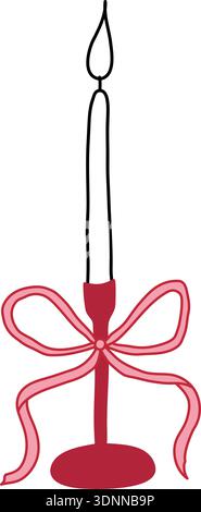 Candela disegnata a mano con nastro coquette. Candela stravagante per decorazioni natalizie, matrimoni e festività. Illustrazione Vettoriale