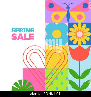 Striscione quadrato o poster con layout geometrico per la vendita primaverile. Illustrazione vettoriale dei fiori fioriti. Design piatto stagionale con spazio per copie Illustrazione Vettoriale