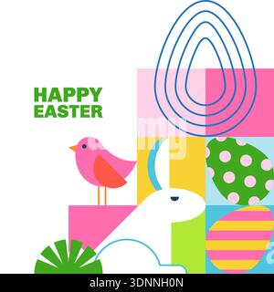 Banner, volantino, poster, biglietto d'auguri. Sfondo geometrico vettoriale con uova colorate, coniglio, coniglietto, fiori primaverili in fiore. Holid Illustrazione Vettoriale