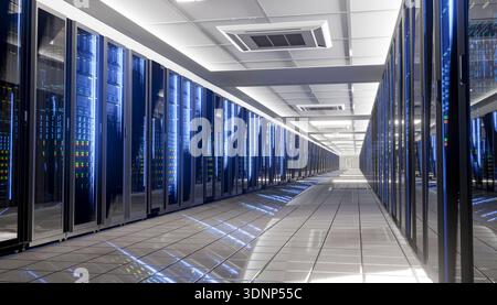 Interno di un moderno data center con lunghe file di rack per server, indicatori LED blu e pavimento rialzato. Concetto di cloud computing, cybersicurezza, grande Foto Stock