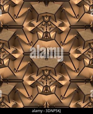 Illustrazione geometrica complessa con un motivo astratto senza cuciture in tonalità marroni, che mostra forme dimensionali e motivi ripetuti per un Foto Stock