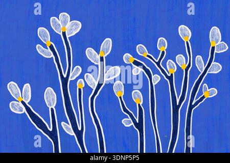 Elegante illustrazione botanica con fiori bianchi stilizzati e centri gialli su rami scuri su uno sfondo blu vivace. Perfetto per l'arte Foto Stock