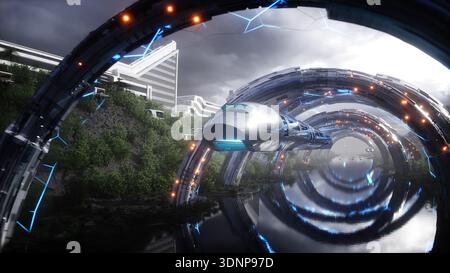 Città futuristica. Treno passeggeri in volo. Architettura futuristica. Persone e robot. rendering 3d. Foto Stock
