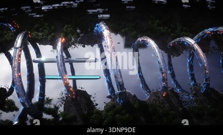 Città futuristica. Treno passeggeri in volo. Architettura futuristica. Persone e robot. rendering 3d. Foto Stock