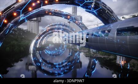 Città futuristica. Treno passeggeri in volo. Architettura futuristica. Persone e robot. rendering 3d. Foto Stock