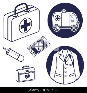 Illustrazione del vettore insieme di icone dei servizi medici di emergenza sanitaria Illustrazione Vettoriale