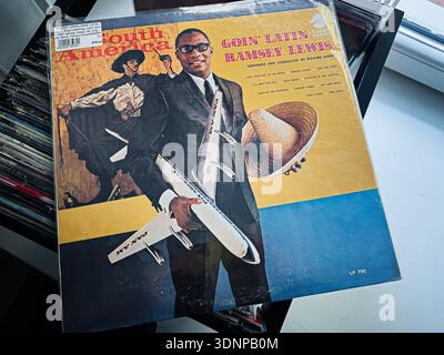 Leopoli, Ucraina - 07 febbraio 2026: Musicista sorridente in tuta con cappello su un audace sfondo giallo blu, vintage atmosfera jazz latina. Ramsey Lewis, Goin Foto Stock