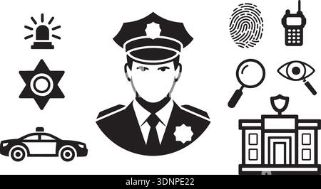 Set di icone di design piatto della polizia e delle forze dell'ordine con sirena dell'auto ufficiale, impronte digitali e stazione per sito web e app per la pubblica sicurezza Illustrazione Vettoriale