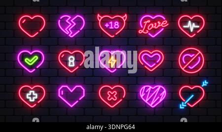 Set vettoriale al neon di icone del cuore su sfondo di mattoni scuri, tra cui amore, battito cardiaco, cuore spezzato, croce medica e frecce. Perfetto per romantici Illustrazione Vettoriale