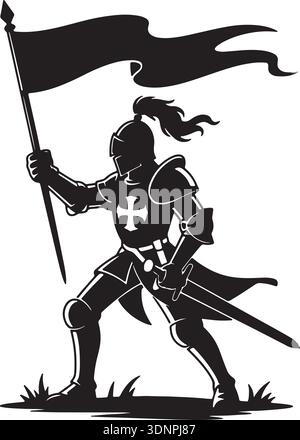 Potente cavaliere medievale con armatura completa, una silhouette dinamica, è orgoglioso di reggere una grande bandiera fluente e una spada affilata, a simboleggiare la forza. Illustrazione Vettoriale