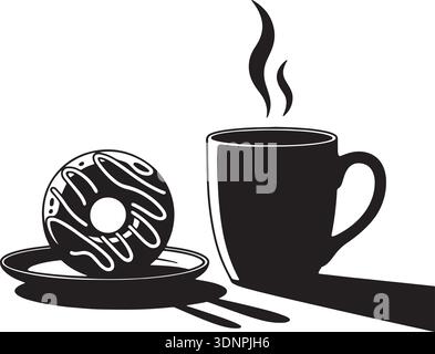 Immagine vettoriale in bianco e nero che raffigura una ciambella smerigliata dolce su un piatto accanto a una tazza di caffè caldo fumante. Ideale per colazione, snack o. Illustrazione Vettoriale