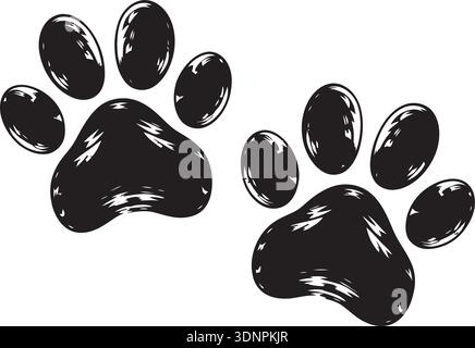 La Paw nera testurizzata stampa l'illustrazione vettoriale su sfondo bianco pulito. Impronte di animali stilizzate per disegni di animali domestici, temi per cani e gatti. Illustrazione Vettoriale