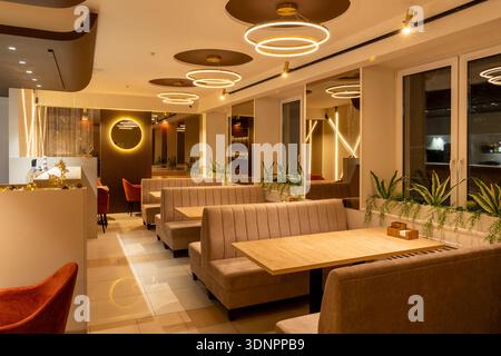 Interni moderni e vuoti del ristorante con intimi posti a sedere, tavoli in legno e calde luci a sospensione ad anello. Elegante design da caffè con piante e contemporaneità Foto Stock