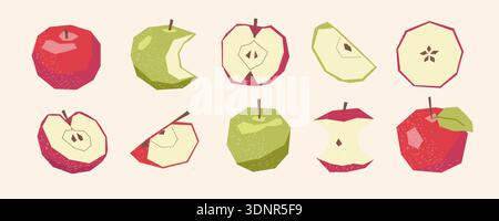 Set di mele geometriche rosse e verdi con fette isolate. Illustrazione Vettoriale