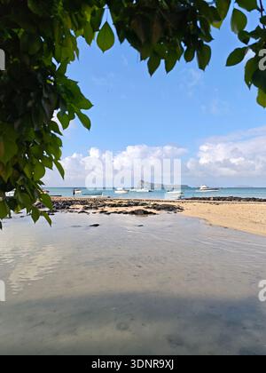 Spiaggia tropicale a Mauritius incorniciata da foglie verdi, con barche ancorate nella laguna turchese e l'isola Coin de Mire sullo sfondo. Foto Stock