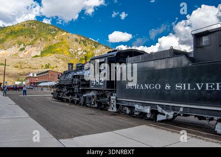 Il treno a vapore da Durango a Silverton arriva a Silverton Foto Stock