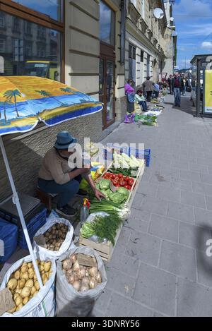 Vendita di verdure da semplici agricoltori sulla strada, Leopoli, Galizia, Ucraina Foto Stock