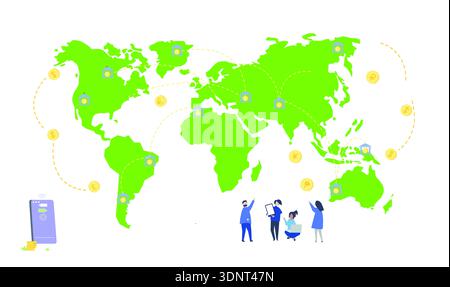 Concetto di transazione digitale globale con mappe mondiali brillanti e icone dei dati finanziari su uno sfondo scuro. Foto Stock