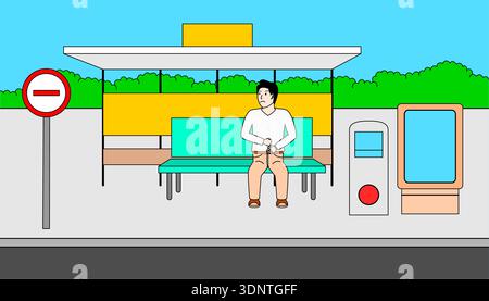 L'uomo è seduto su una fermata dell'autobus. La panca si trova su un marciapiede vicino a una strada Illustrazione Vettoriale